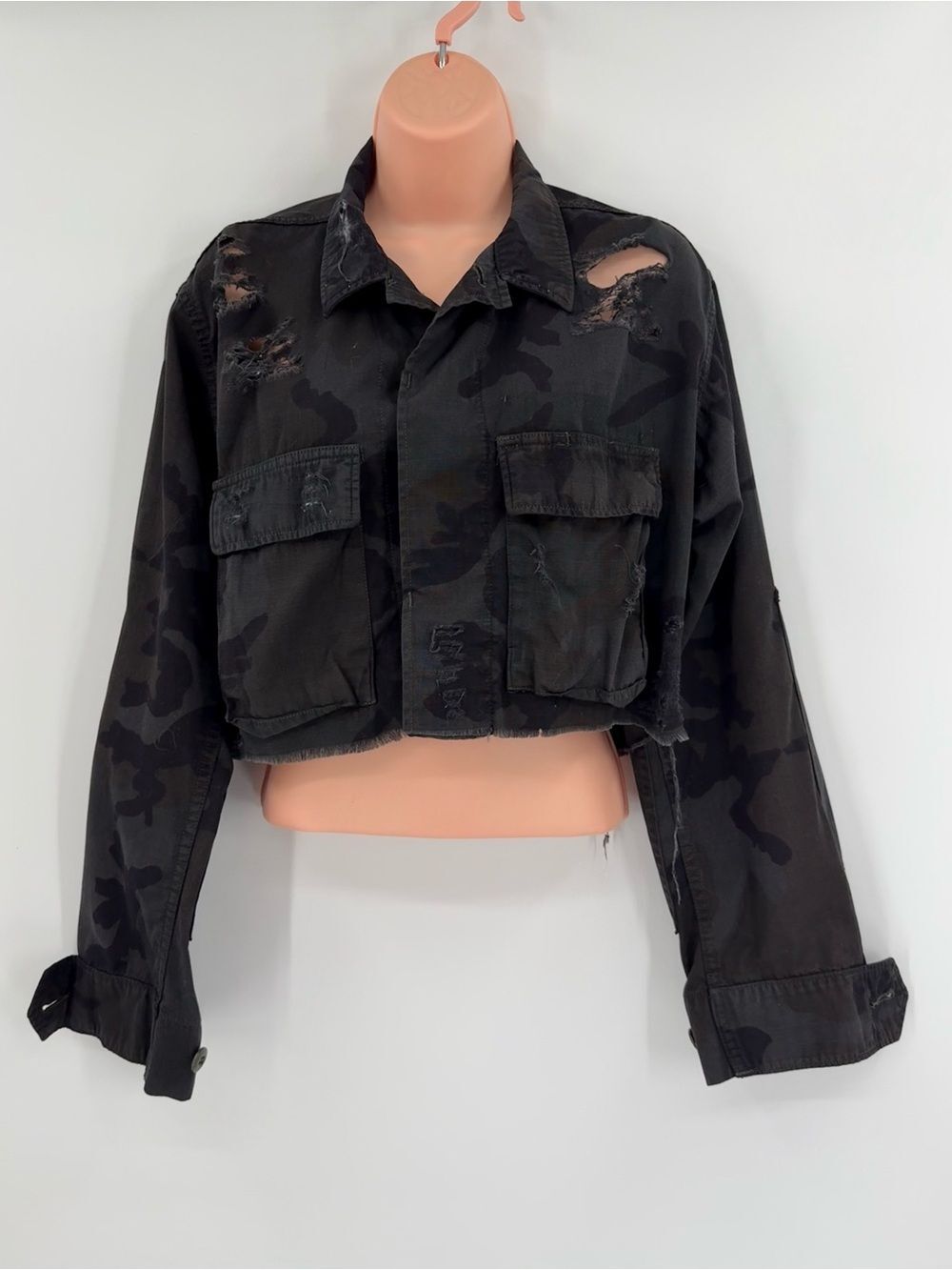 Furst of a Kind Reworked Cropped Distressed Camo Jacket | Medium